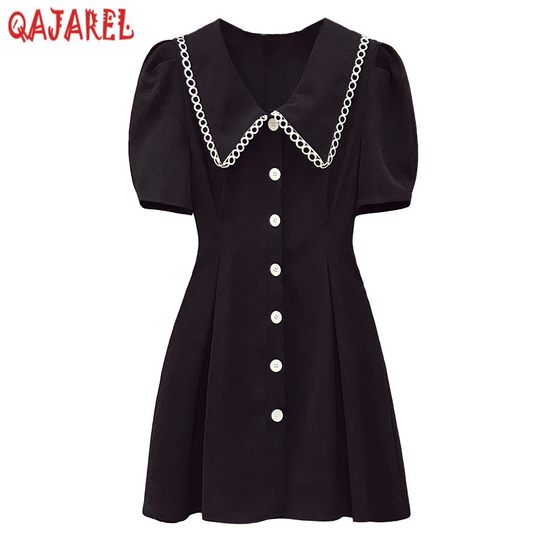 

2022 Summer New Short Sleeve Doll Collar Mini Dress Black Korean Vintage Hepburn Dress Women Elegant Bodycon Office Lady Dresses