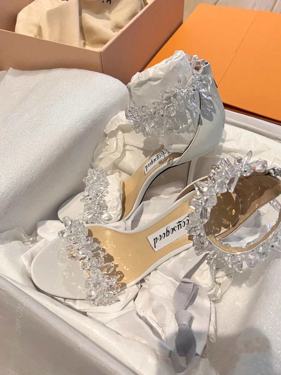 

Rhinestones stiletto heels sandals new white glass shoes