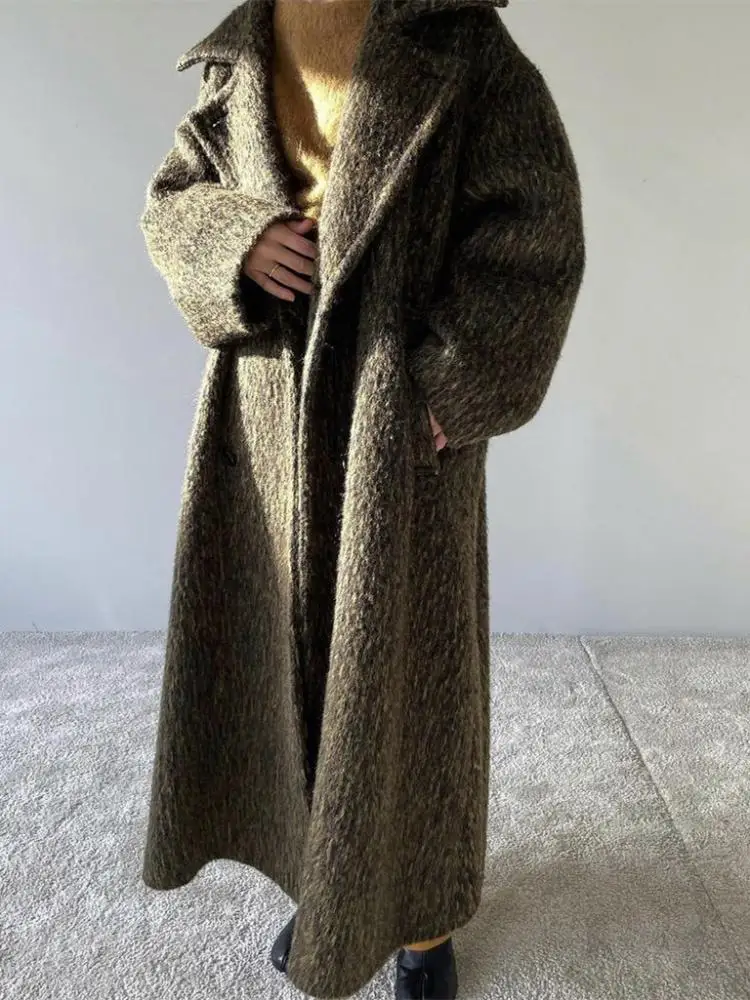

Женское шерстяное мохеровое шерстяное пальто, осенне-зимнее женское двубортное Свободное длинное пальто с большим отложным воротником и длинными рукавами