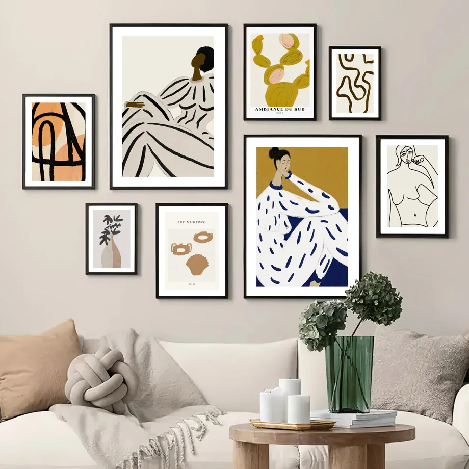 

Abstract Curve Lines Girl Cactus Vase Swan Wall Art Print Canvas Painting Nordic Poster Vintage Pictures For Living Room Decor