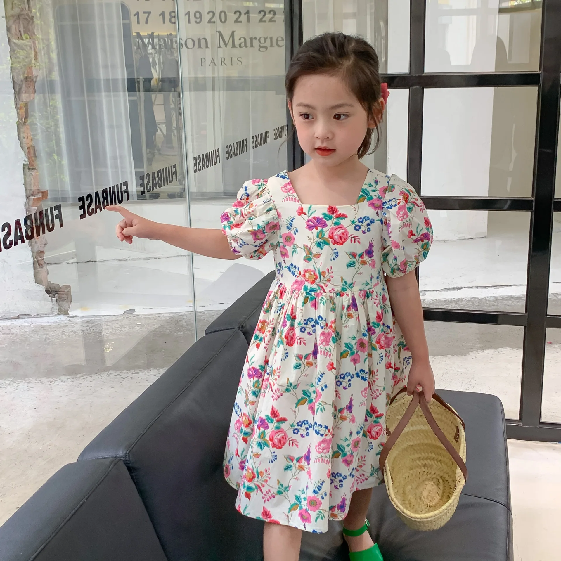 

MILA CHOU 2022 Summer Baby Girls Grace Puff Sleeves Flowers Dress Children O-neck Back Tie Dress Kids Clothes