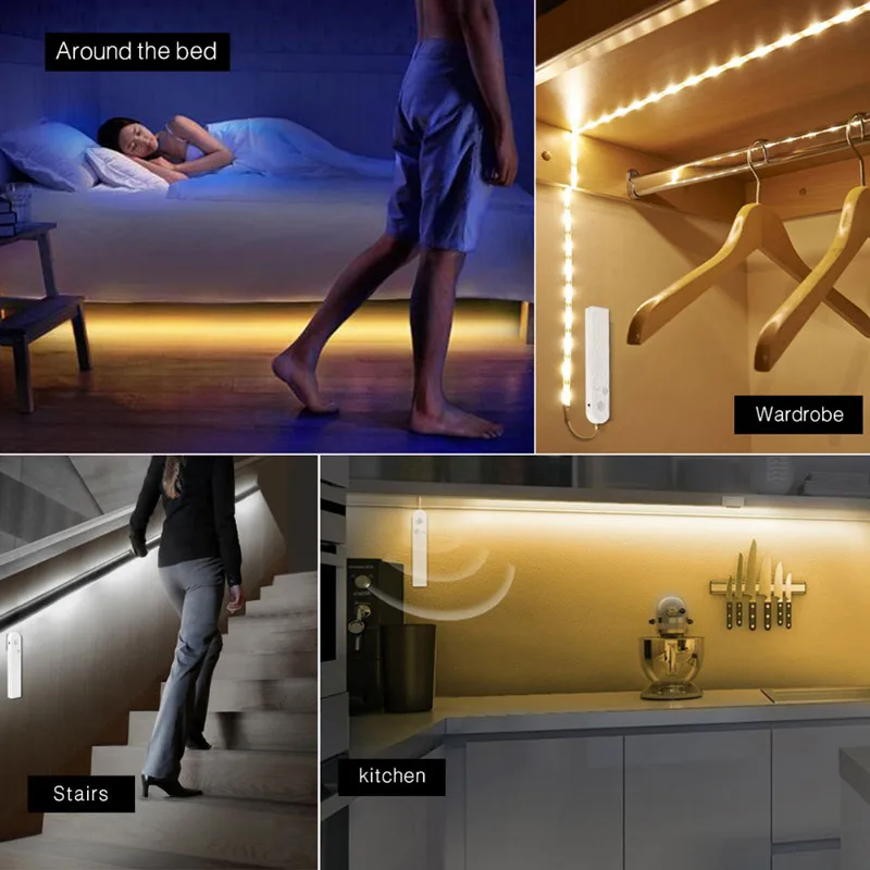 

Kitchen Stairs LED Strip Lamps PIR Motion Sensor USB Night Lights Waterproof Under Cabinet Light Wardrobe Bed Side LED Lightings