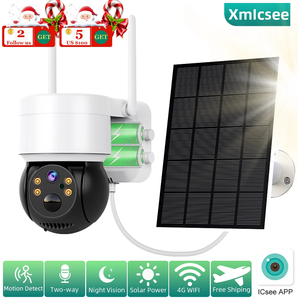 

2MP PIR Wifi Camera plus Solar Panel, 1080p Surveillance CCTV Outdoor Caneras Motion Detection Night Full Color Recharge Battery