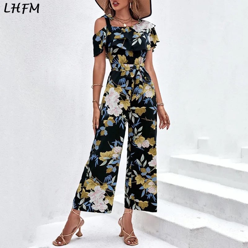 

LHFM Floral Print Bohemian Jumpsuit Women One Shoulder Off Sexy Ruffled Jumpsuits Summer Short Sleeve Wide Leg Casual Jumpsuit