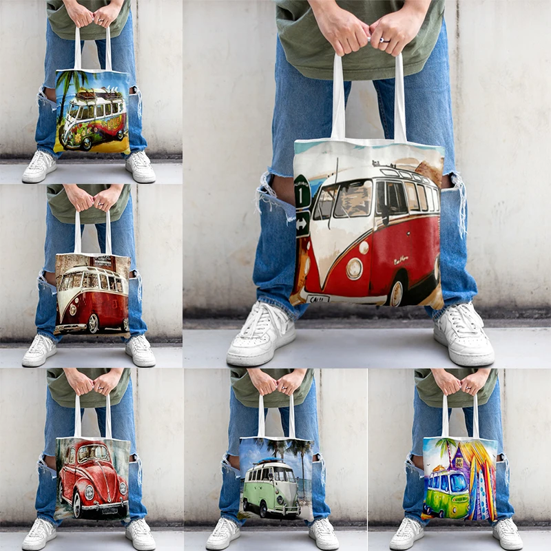 

Women's Handbag 2023 Bus Printed Canvas Bag Shopping Pouch for Supermarket Reusable Bags Eco Friendly Products Shoulder Bag