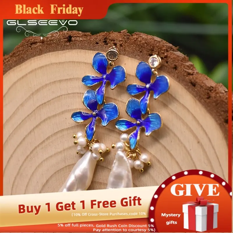 

GLSEEVO натуральный пресноводный барочный жемчуг Перегородчатые цветы Висячие серьги для женщин вечерние подарки ручной работы ювелирные изд...