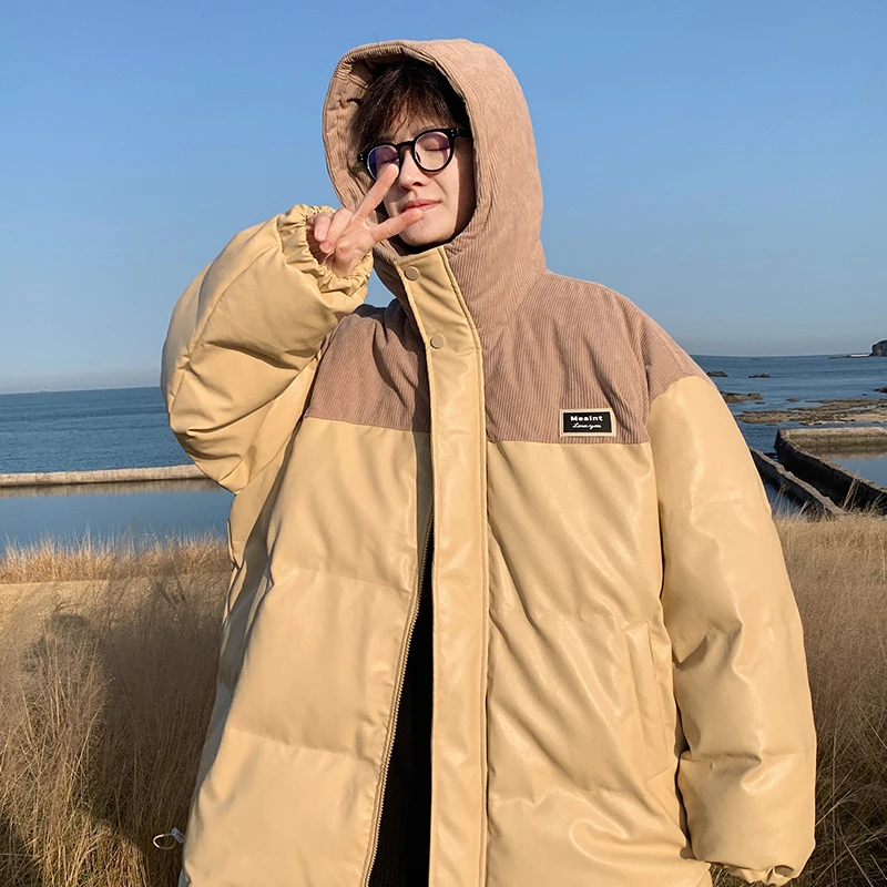 Winter Jacket Men Warm Fashion Casual Thickened Leather Jacket Men Streetwear Loose Hooded Short Coat Mens Parker Clothes M-2XL