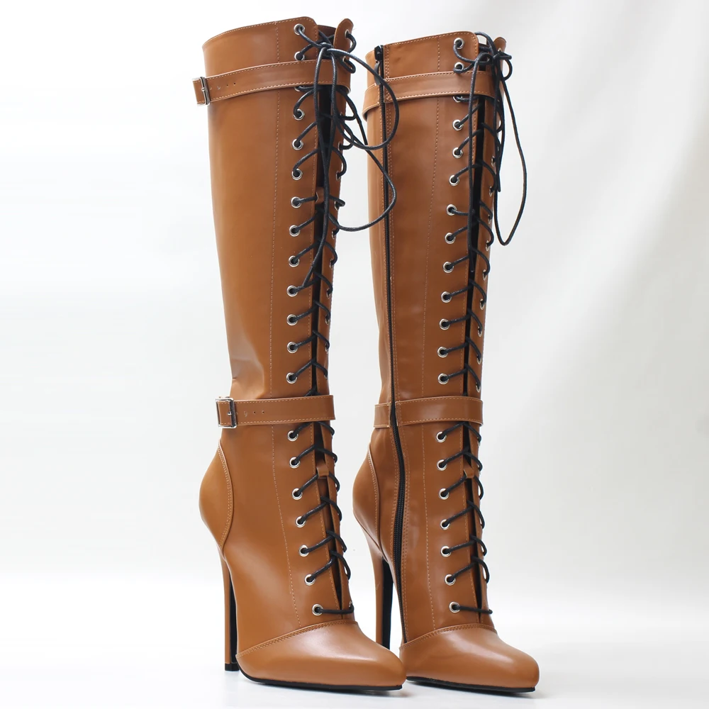 14CM High Heel retro Vintage Style Pointed Toe Stiletto Buckle Strap Lace-up Women Knee-high Boots