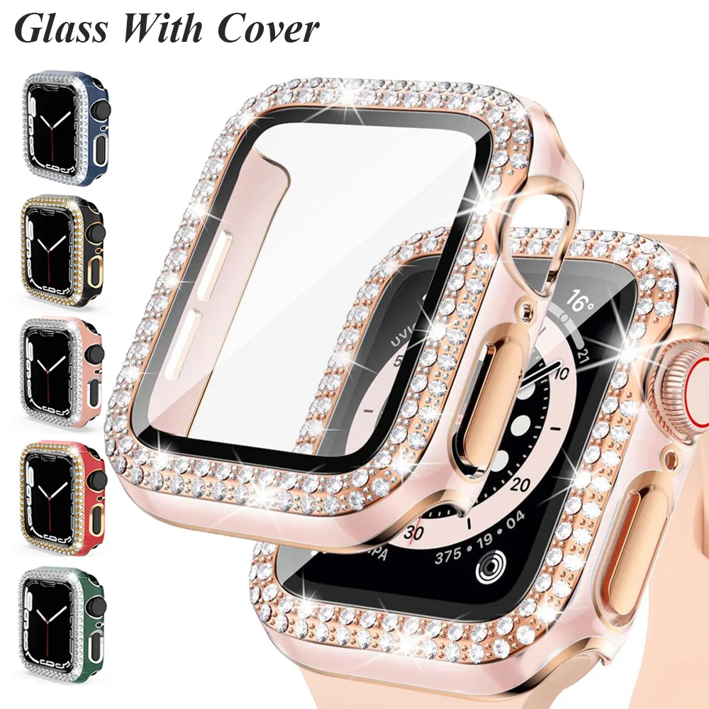 

Glass+Cover For Apple Watch series 7 6 5 4 3 2 se iwatch band 45mm 41mm 42mm 40mm 44 Diamond Screen Protector apple watch case