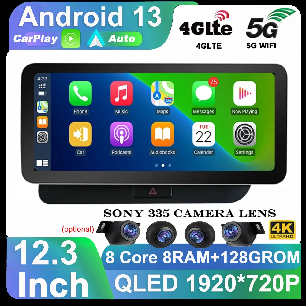 12 3-дюймовый автомобильный радиоприемник Android 13 для Audi Q5 2009-2016 RHD WIFI 4G с разделенным