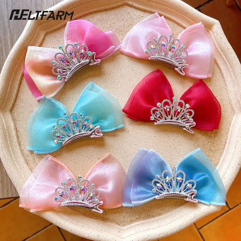 Princess Crown Hair Clips Standing Bowknot Hairpin Kids Barrette Korean Hair Accessories