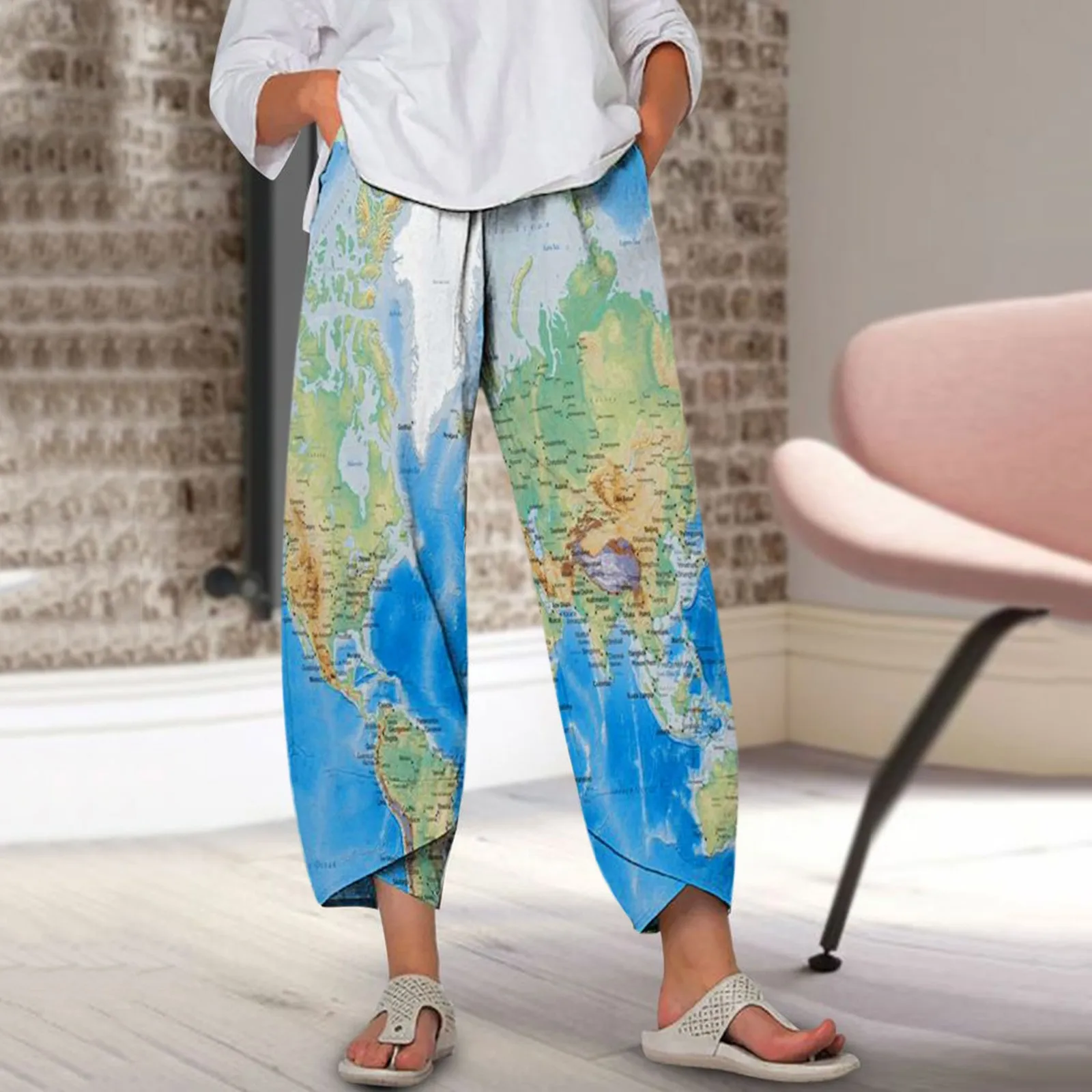 

Women Line Pants Women Elastic Waist Trouser Pant with Pocket Loose Harem Pant Printed Fashion Crop Pant Travel Pant Women