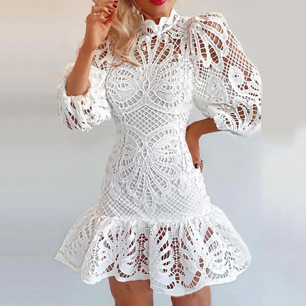 

Above Knee Three-Quarter Sleeve Stand Collar Falbala Fashion Women's Dress Solid Color Sexy See-through Lace Slim Female Skirt