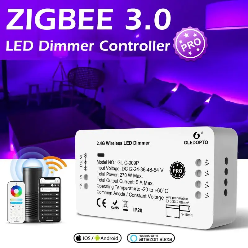 

GLEDOPTO DC12-24V RGB+CCT/rgbw Zigbee Smart LED Strip Controller Voice Control Work With Echo Plus SmartThings ZIGBEE 3.0 HUB