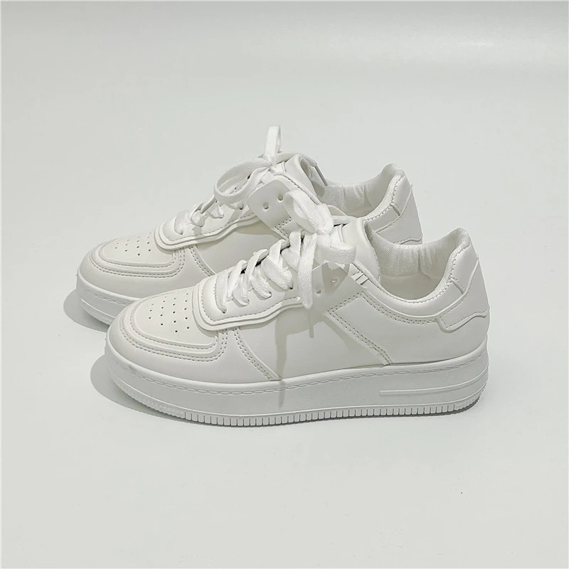 

New Sneakers Women Solid Color Lace-up Flat Bottom Small White Shoes Thick Soles Round Toe Shoes Woman Student Board Shoes