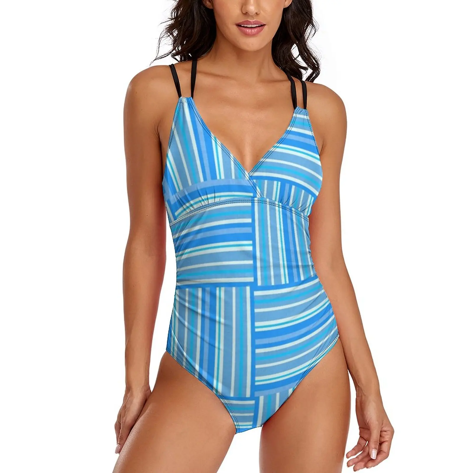 

Blue White Striped Swimsuit Lines Print One Piece Swimwear Push Up Fitness Bathing Suit Sexy Cross Back Swimsuits Beach Outfits