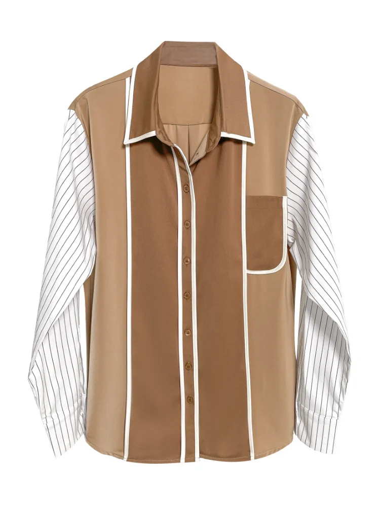 

Womenkhaki Striped Big Size Casual Blouse New Lapel Long Sleeve Loose Fit Shirt Fashion Tide Spring Autumn 2022 M448