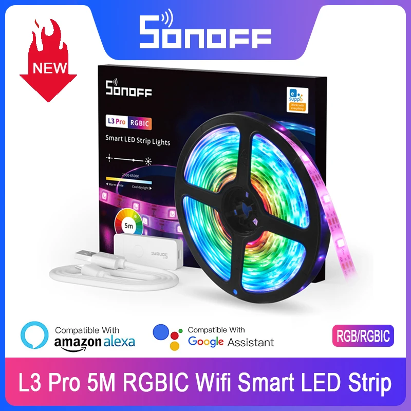 

SONOFF L3 Pro Smart LED Strip Light WiFi LED RGBIC Lights Flexible Lamp Tape Display Multiple Colors Simultaneously Music Mode