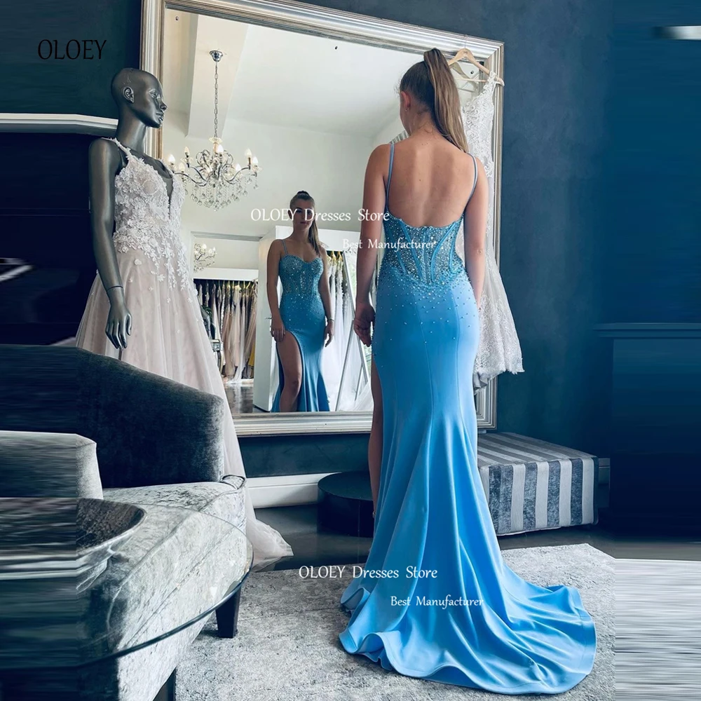 

OLOEY Sexy Glitter Blue Satin Evening Dresses Spaghetti Strap Sweetheart Pearls Floor-Length Dubai Arabic Women Prom Gowns 2023