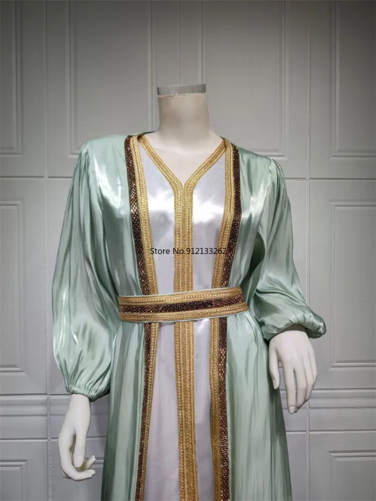 Moroccan Caftan Luxury 2023 Silk Satin Elegant Lantern Sleeve 3pcs Dress Diamonds Abaya Muslim Sets Ramadan Dresses For Women