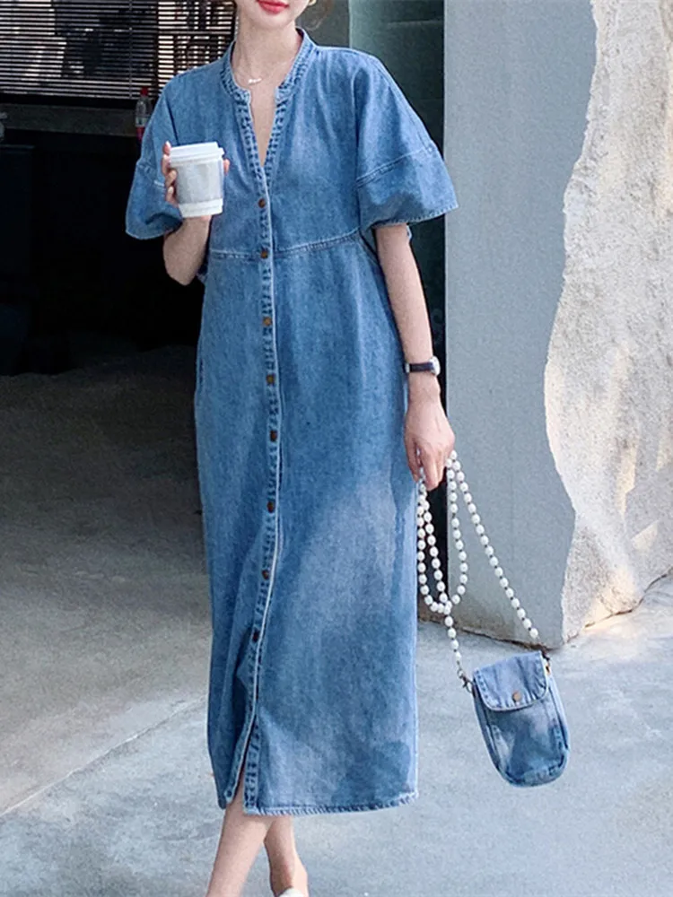 

Новинка лета 2023, тонкое джинсовое платье в гонконгском ретро-стиле, женское повседневное Непринужденное длинное платье премиум-класса прямой длины