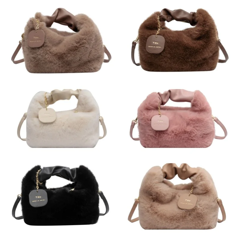 Women Faux Fur Handbags Zipper Small Lady Shoulder Crossbody Bag Casual Tote Half-Moon Hobos Winder