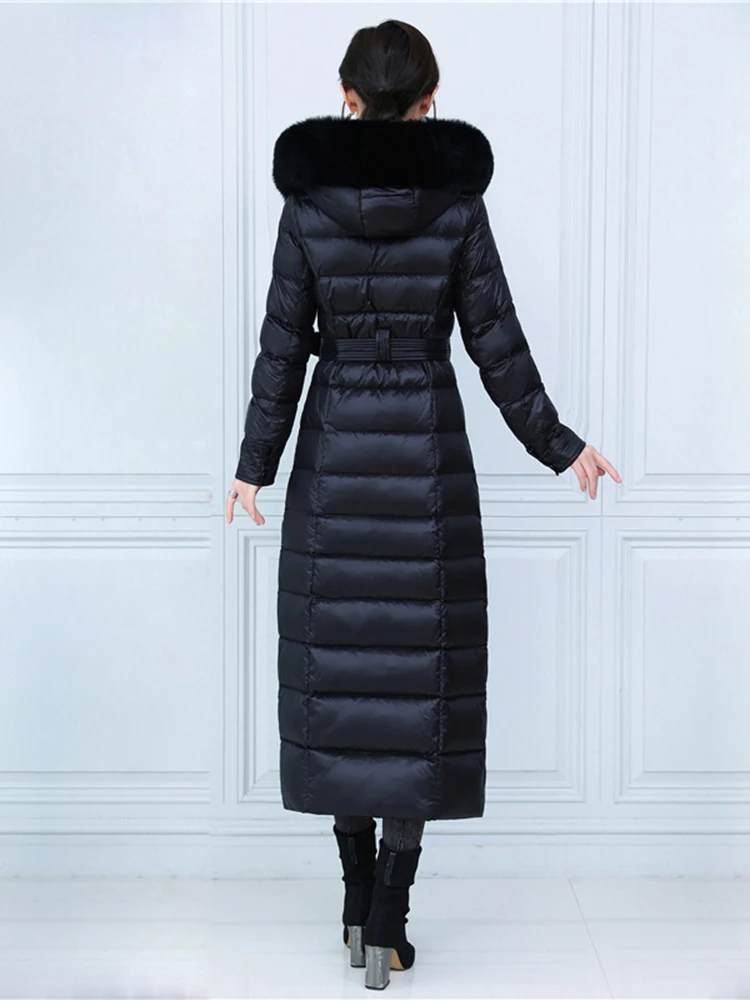 New Women Winter Down Coat Fashion Real Fox Fur Collar Detachable Hooded Lengthened Belt Down Jacket Thicken Warm Overcoat