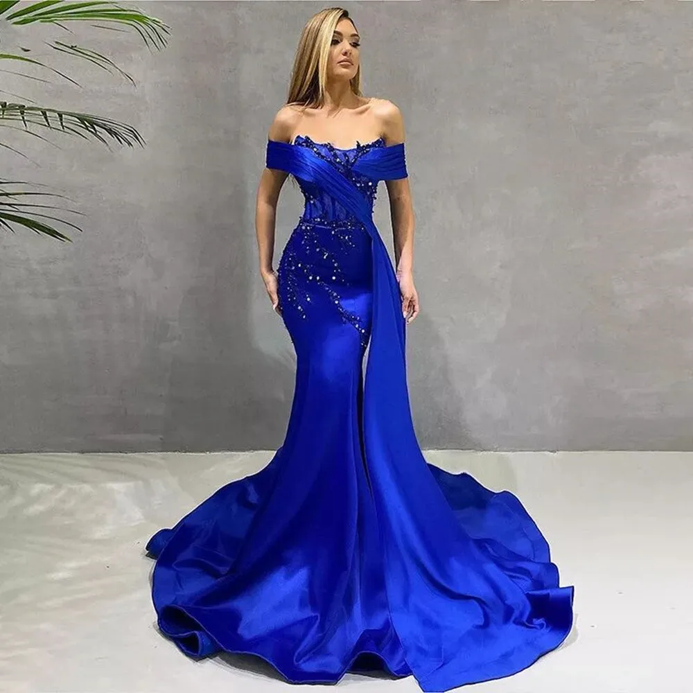 

Sexy Satin Royal Blue Mermaid Evening Dress 2022 Beads Long Prom Gown Off The Shoulder Court Train Backless Vestidos De Noche