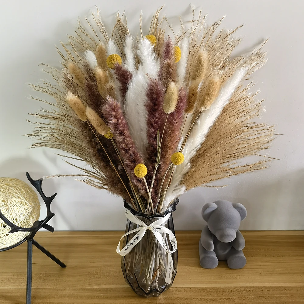 

66pcs Dried Pampas Grass Decor Wedding Arrangement Real Reed Grass Fluffy Dry Flowers DIY Bohemian Natural Bouquet For Home