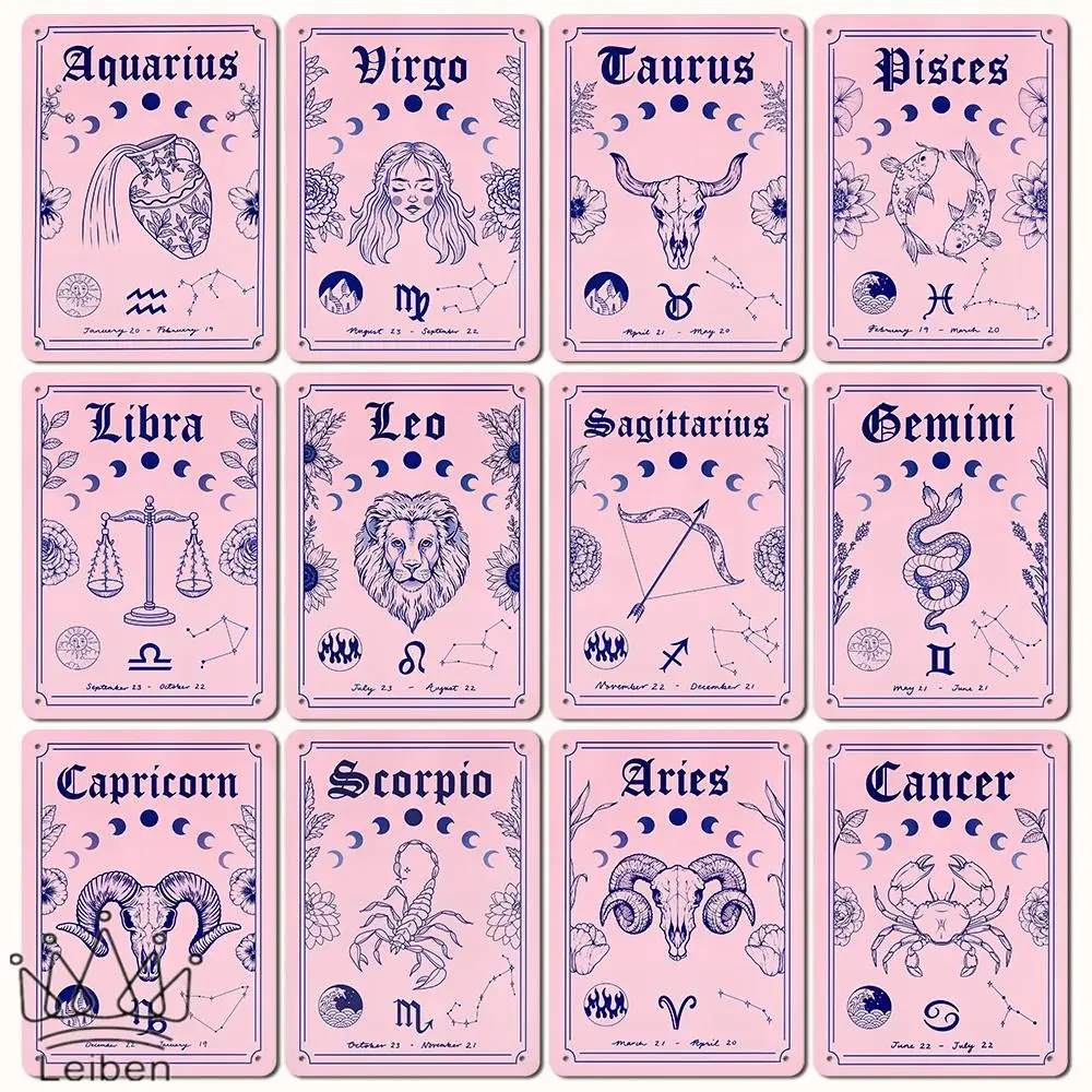 

Zodiac Astrology Metal Tin Sign Cancer Taurus Pisces Decorative Plaque Constellation Iron Plate Wall Decor Club Divination Room