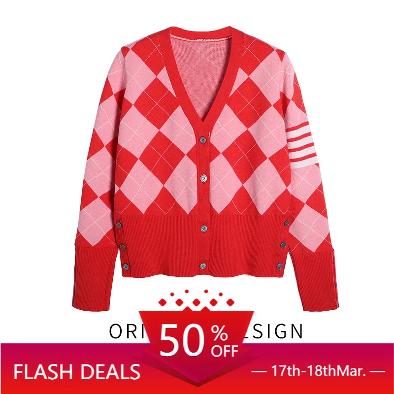 

tb cardigan knitted jacket women's spring and autumn new tops niche college style Christmas red rhombus sweater