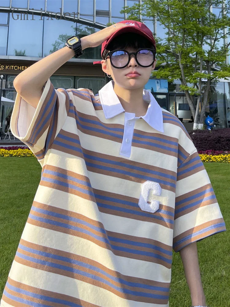 

Gmiixder Striped Lapel Shirt Men Women Short-sleeved Oversize Top Summer Youthful Trends Handsome T-shirt Unisex Kpop Streetwear