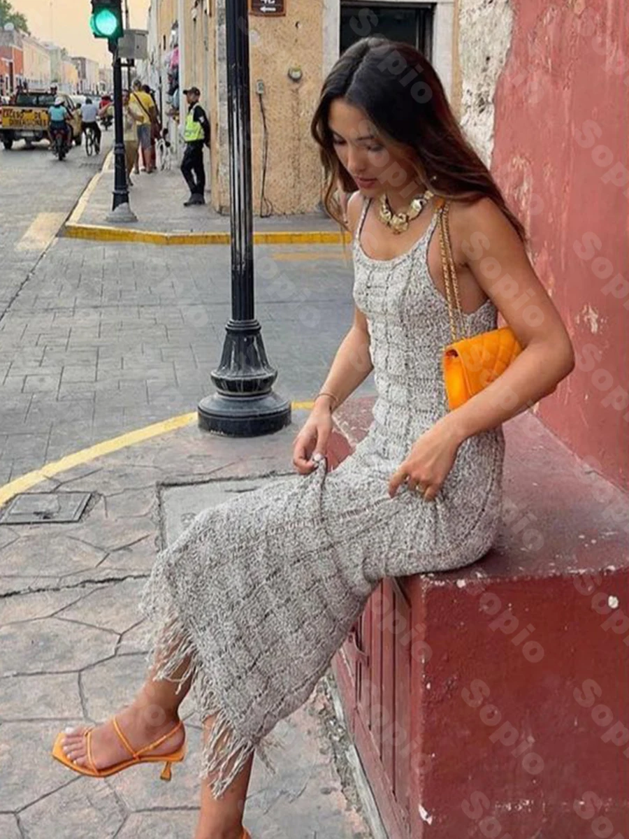 

Трикотажное однотонное элегантное платье миди с бахромой, женское повседневное длинное платье без рукавов с круглым вырезом, уличная одежда, простые платья