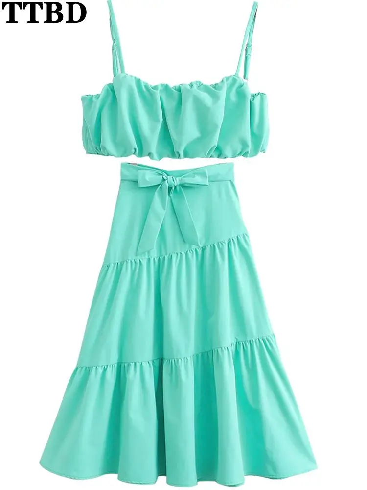 

TTBD Women 2022 fashion french thin straps pleated camis and with bow tied high waist skirts female two piece sets mujer