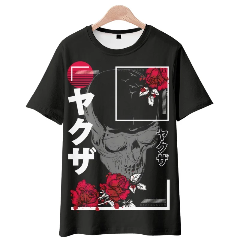 

Fashion Flower Skull Printed Black Short Sleeve T-Shirt Men Women Round Neck Casual Streetwear Versatile Hip Hop Top Tees
