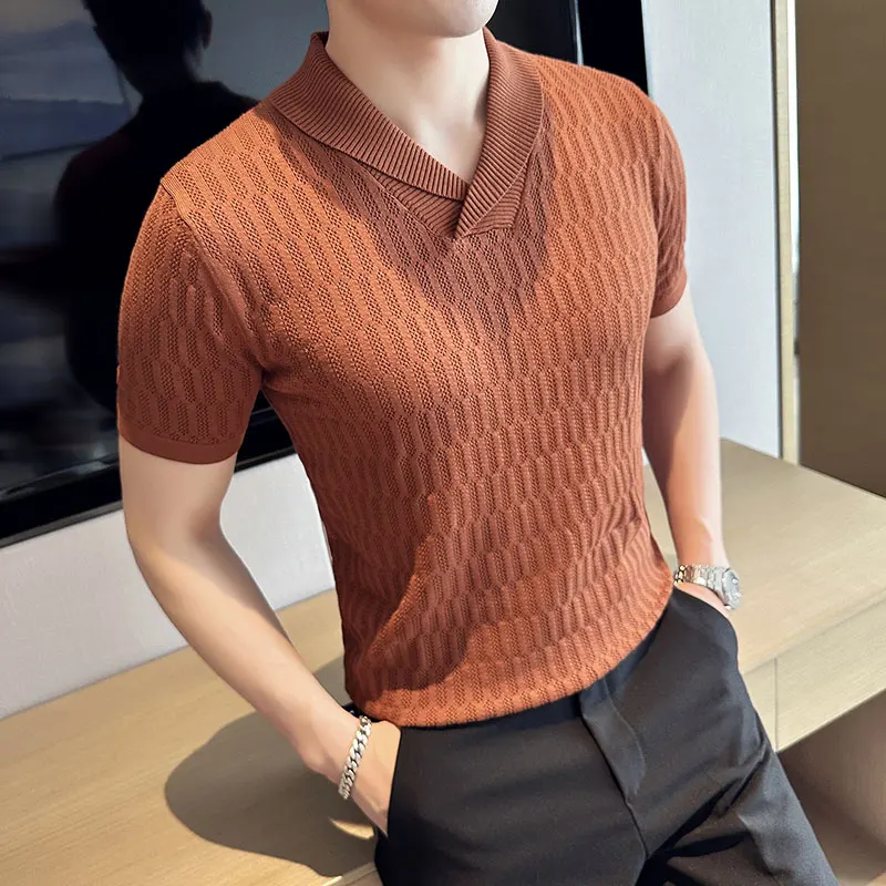 

Latest Design V-neck Solid Color Hollowed Out Knit Polo Shirt Summer Thin Comfortable Men's Casual Home Short-sleeved Polos Tees