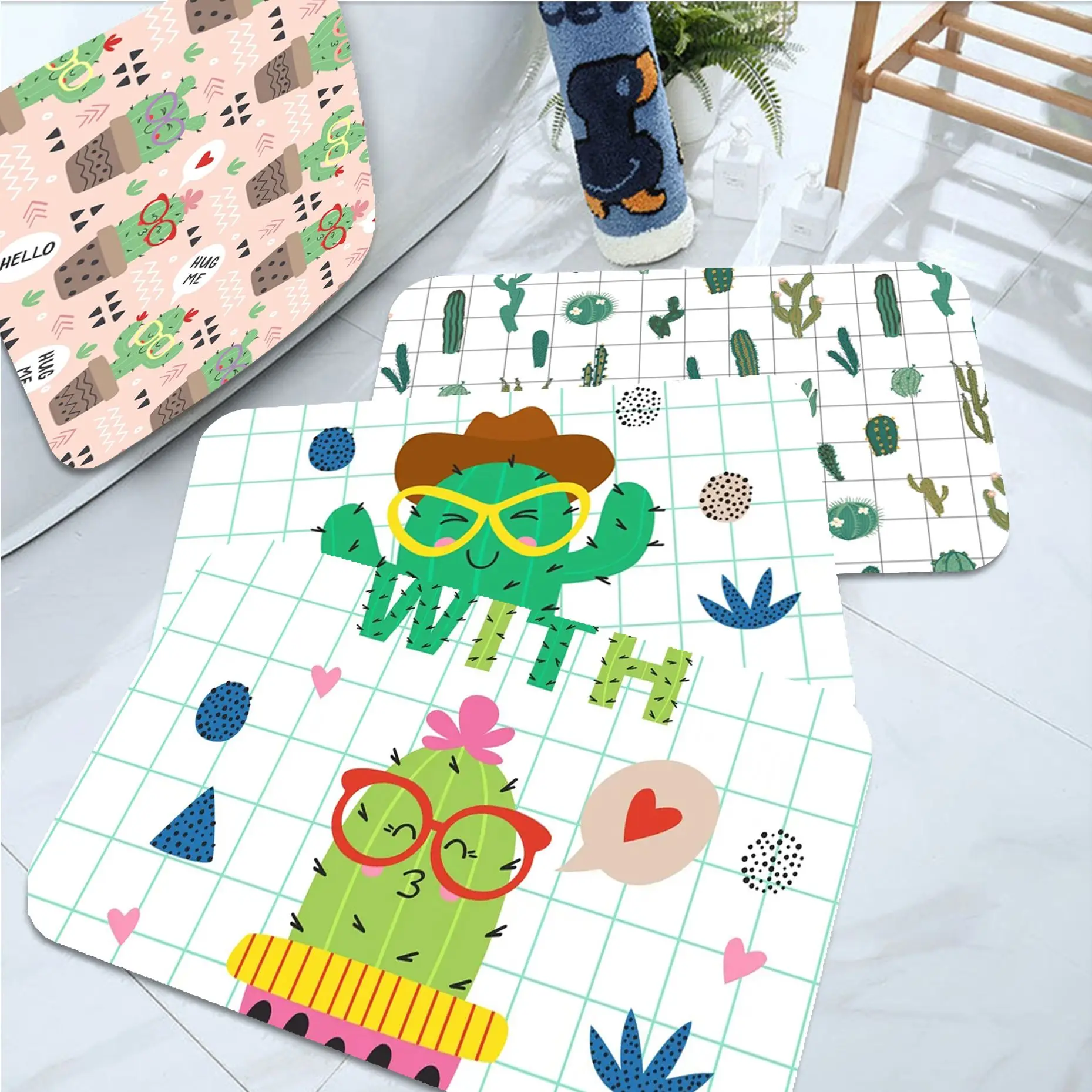 

Cactus Printed Floor Mat Anti-slip Absorb Water Long Strip Cushion Bedroon Mat Bedside Area Rugs