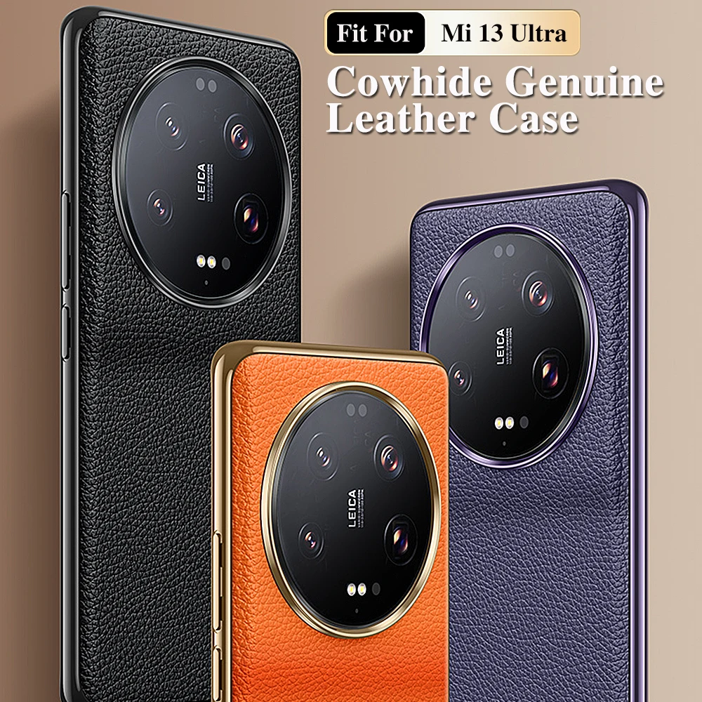 

Original Leather Case For Xiaomi Mi 13 Ultra Plating Genuine cowhide Lichee Pattern Leather Shockproof Back Hard Phone Cover