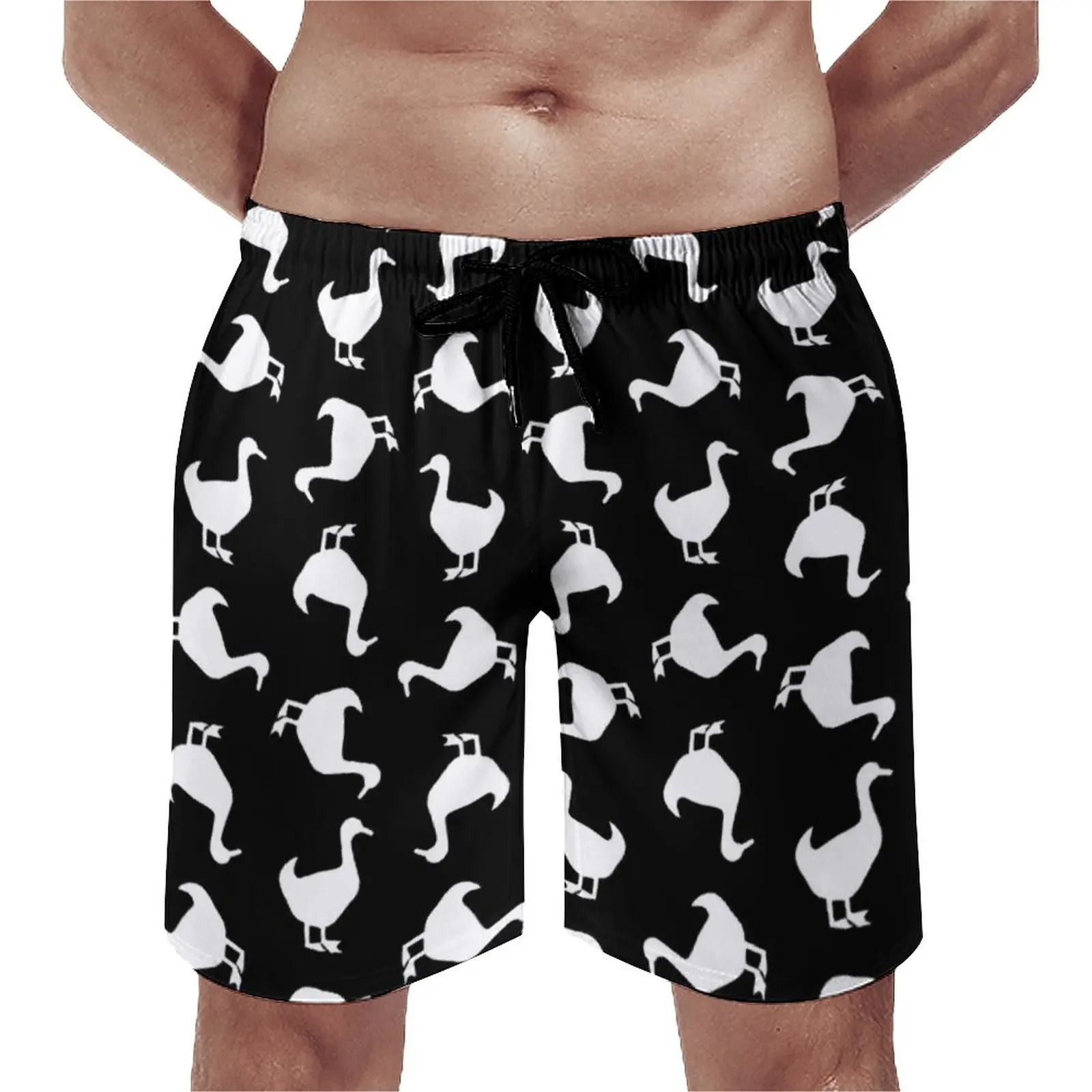 

Animal Silhouette Board Shorts Black And White Duck Cute Hawaii Beach Short Pants Man Print Sports Surf Fast Dry Swim Trunks