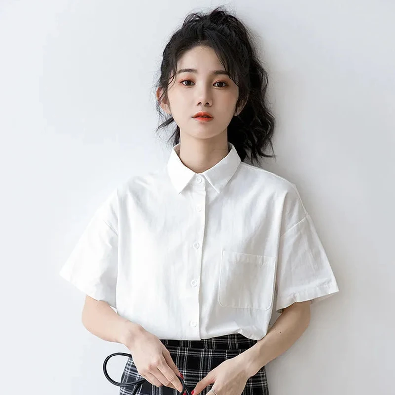 

2022 Summer Short Sleeve Blouse Shirt Women White Shirts Tops Lapel Basic Casual College Style Fashion Casual Girls Loose Shirt