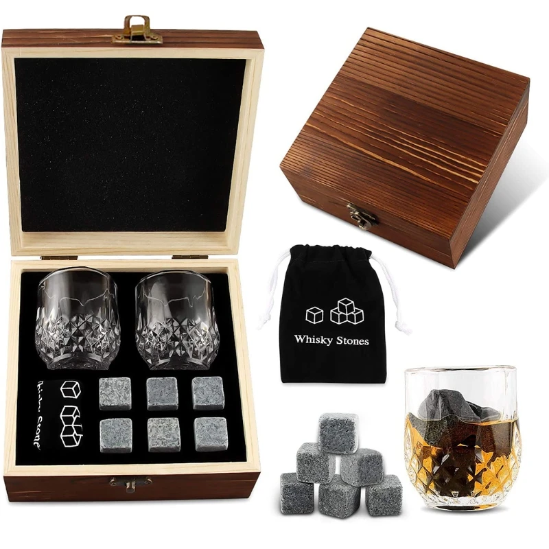 

Whiskey Glass Set with 6 Pcs Whiskey Bourbon Chilling Stones in Wooden Box Father's Day Christmas Birthday Anniversary Present