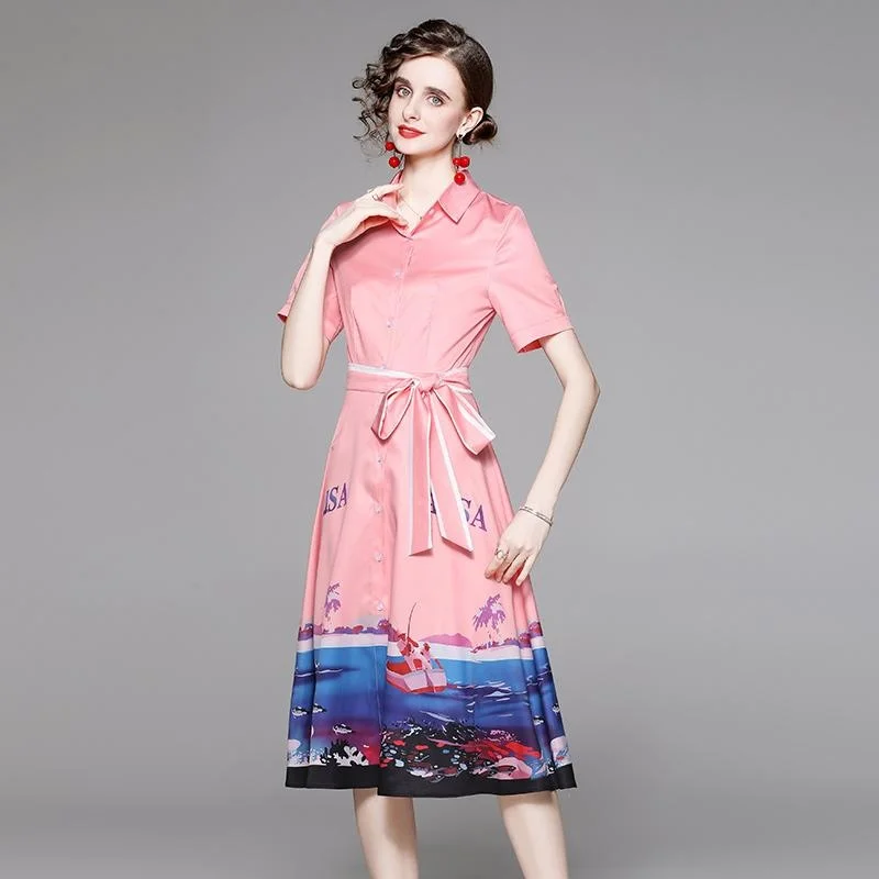 Женское однобортное платье-футболка розовое милое летнее платье в западном