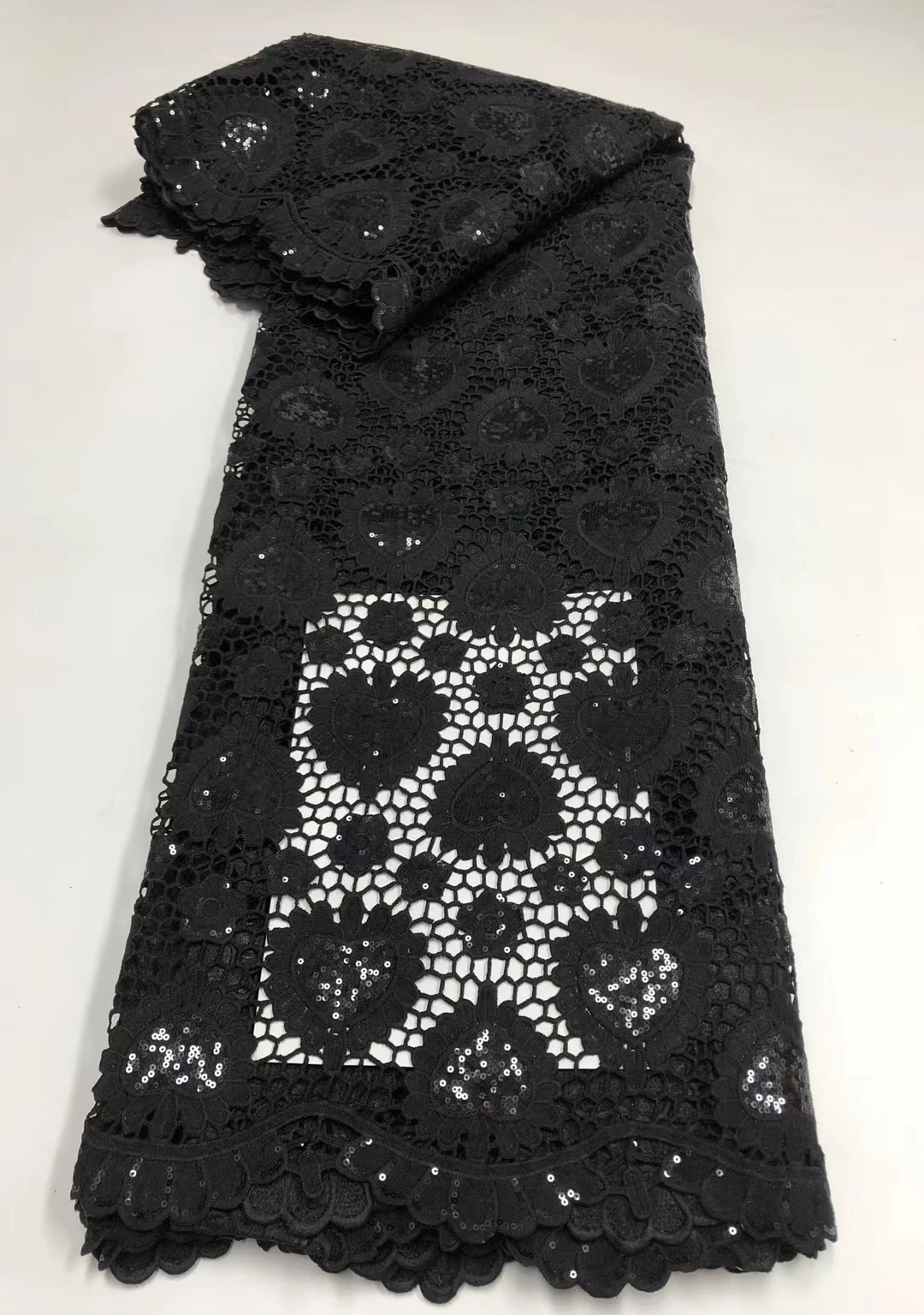 

Black Classical African Cord Guipure Lace Nigerian Asoebi Bella Fabric With Sequince For Evening Dress Sewing