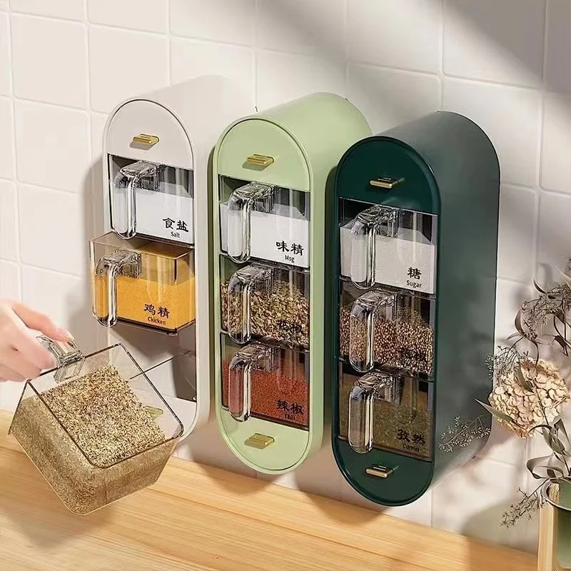 

Kitchen Wall Mount Spice Rack Salt Shaker Seasoning Box with Spoon Plastic Food Storage Containers Kitchen Supplies