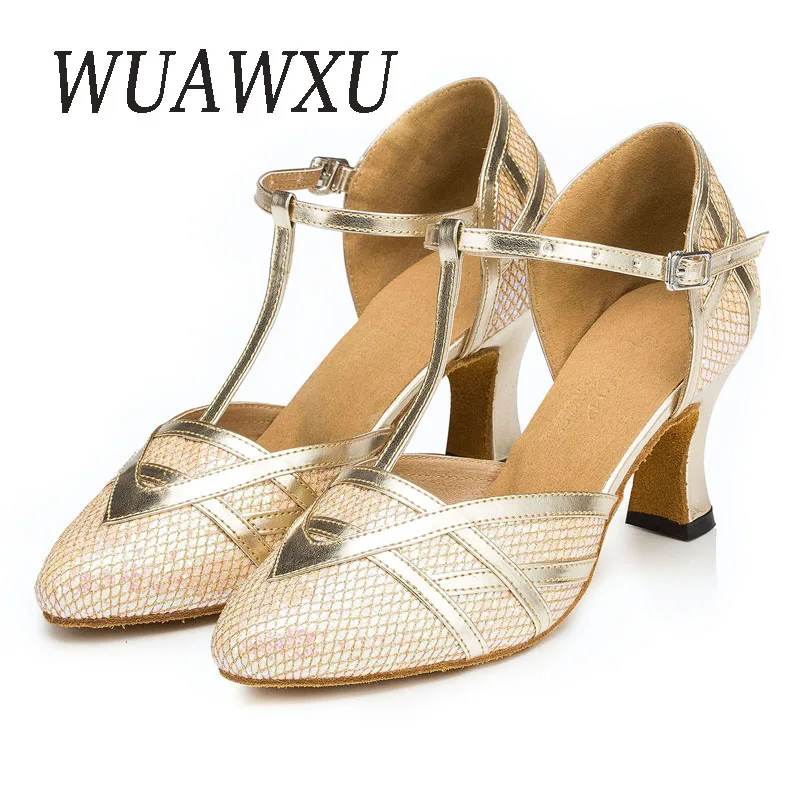 NATASHA 2023 Baotou Latin Dance Shoes Female Adult Gold Sequins Square Dance Shoes Medium High Heel Social Dance Performance Sho