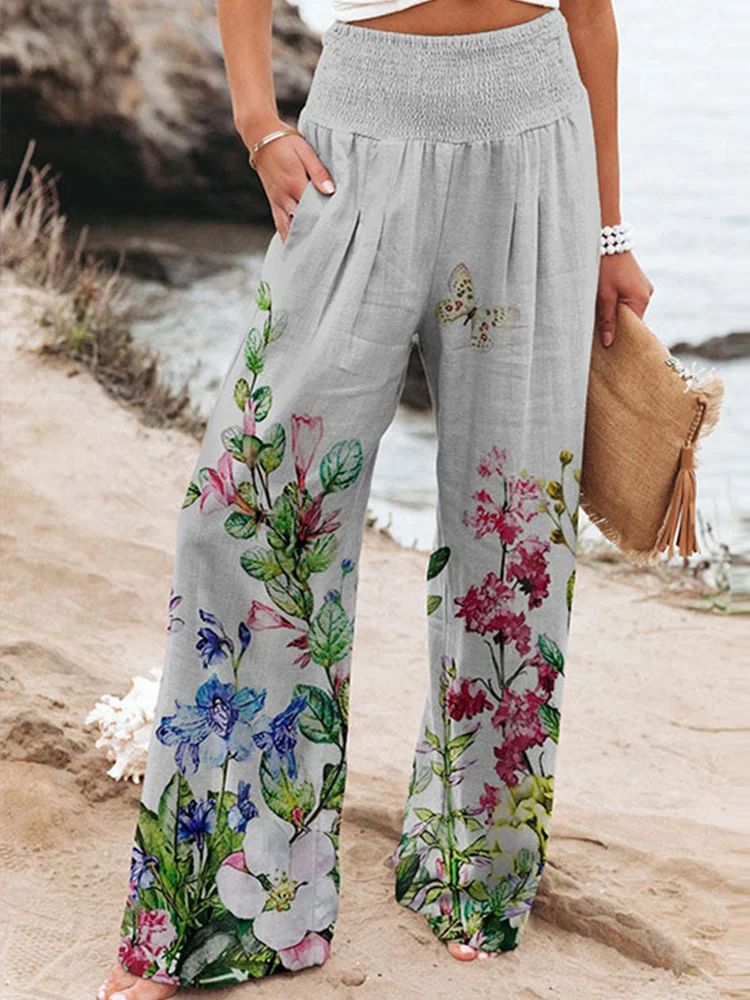 

Casual Wide Leg Pants Women Summer High Waist Floral Printing Loose Straight Trousers All Match Elegant Beach Streetwear Pants