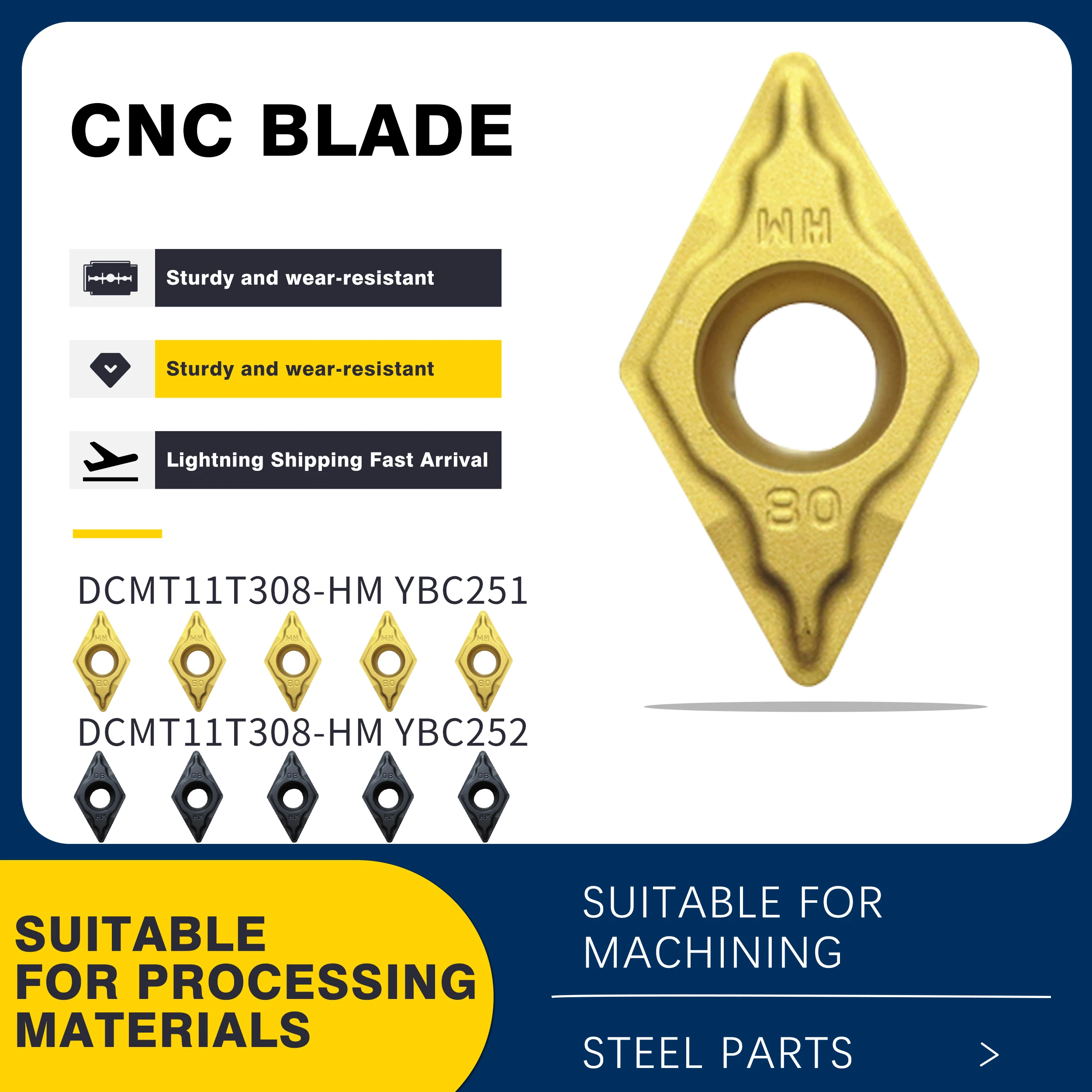 

DCMT11T304/308 HM YBC251/YBC252 CNC Lathe Carbide High Quality Wear-resistant Turning Tools Blade，For SDJCR SDUCR Tools Holder