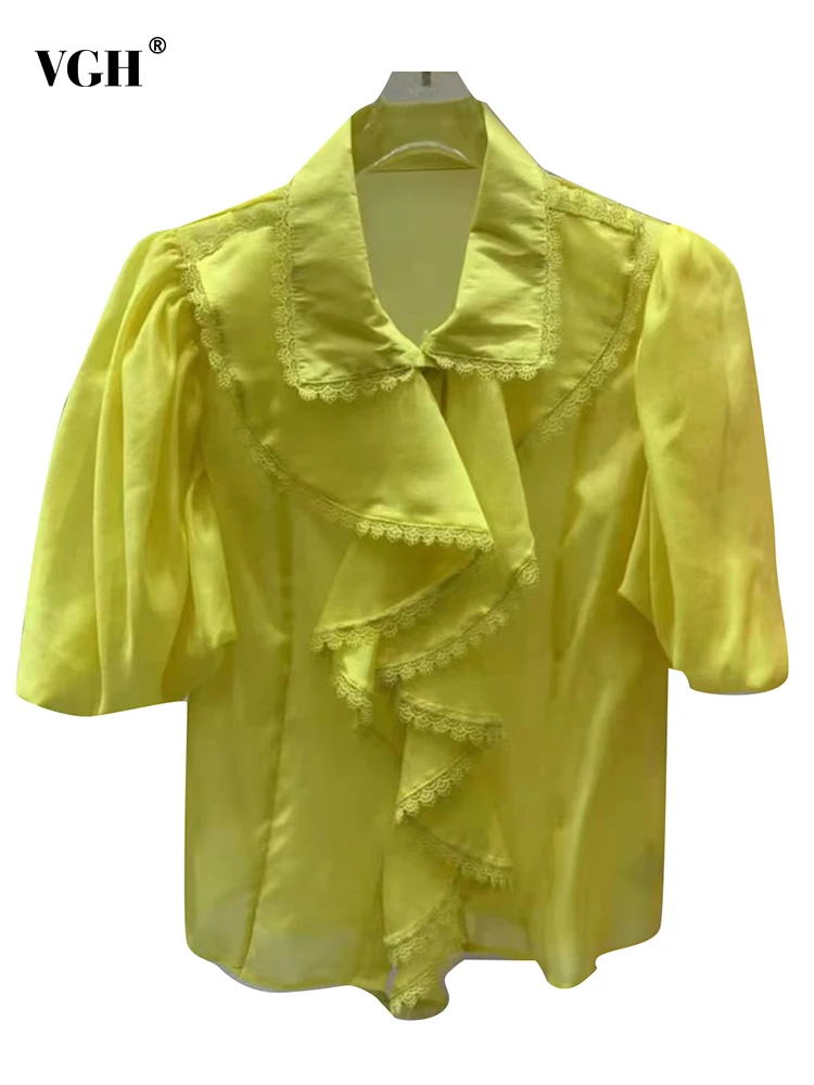 

Женская блузка с кружевной отделкой VGH, Повседневная рубашка с отложным воротником, короткими рукавами-фонариками и оборками в Корейском ст...