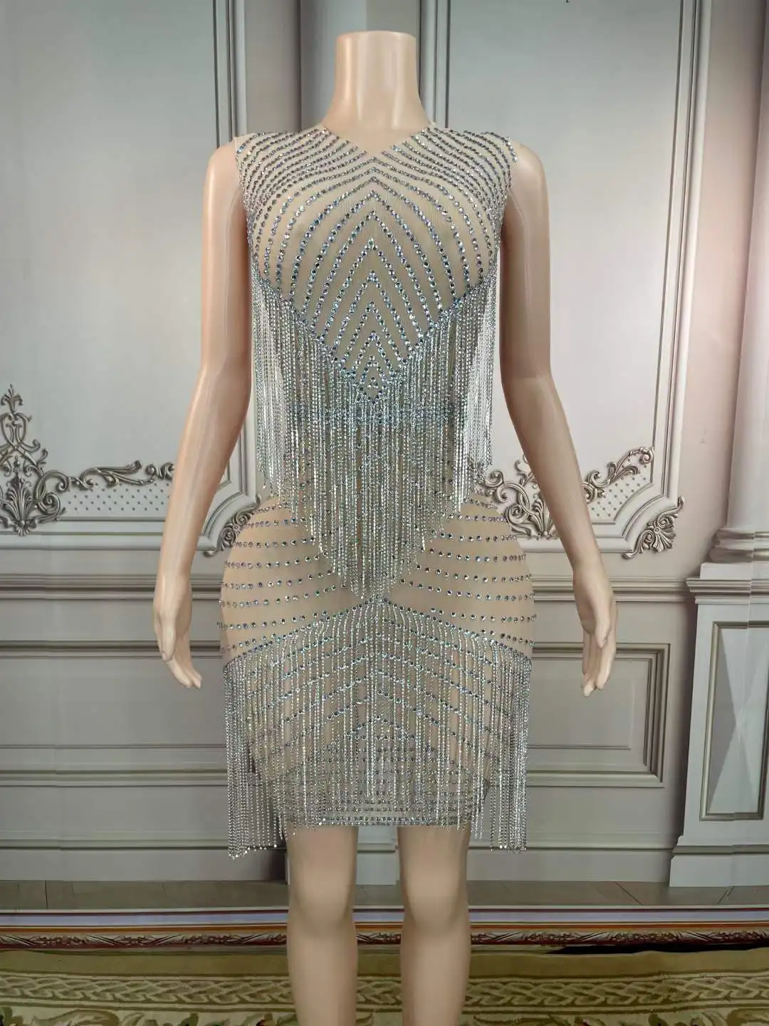 

See Through Shinning Sparkle Dress Women Fringe Rhinestone Chain Chill Party Evening Sexy Design Knee Length Drag Queen Dress