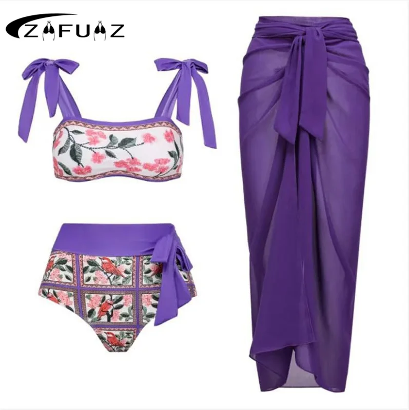 

Женский роскошный купальник 2023 года, комплект бикини из 3 предметов, винтажный купальник с высокой талией, купальный костюм, Пляжное Платье, ...